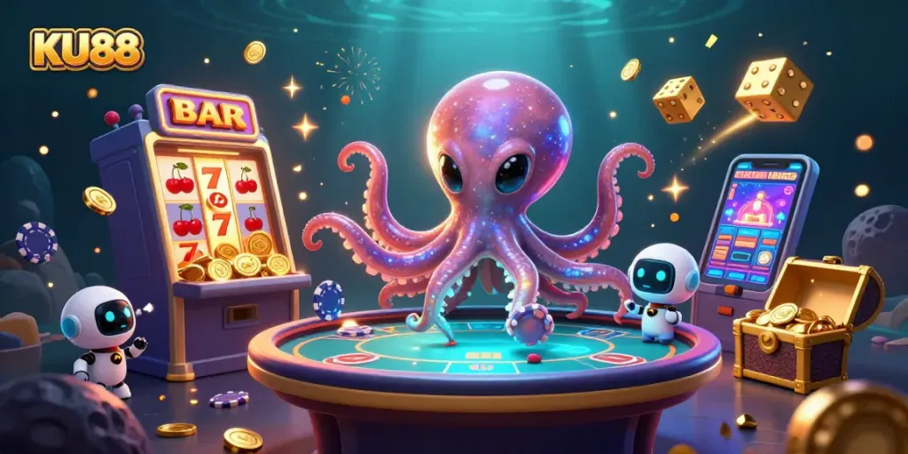 Engage with KU88 vibrant casino adventures around a galactic octopus and exciting slots.