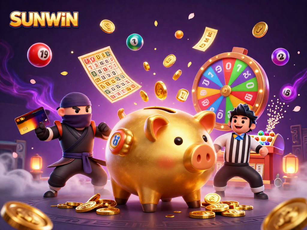SUNWIN delivers vibrant gaming with a golden piggy bank sumo wrestler amidst dynamic lottery elements.