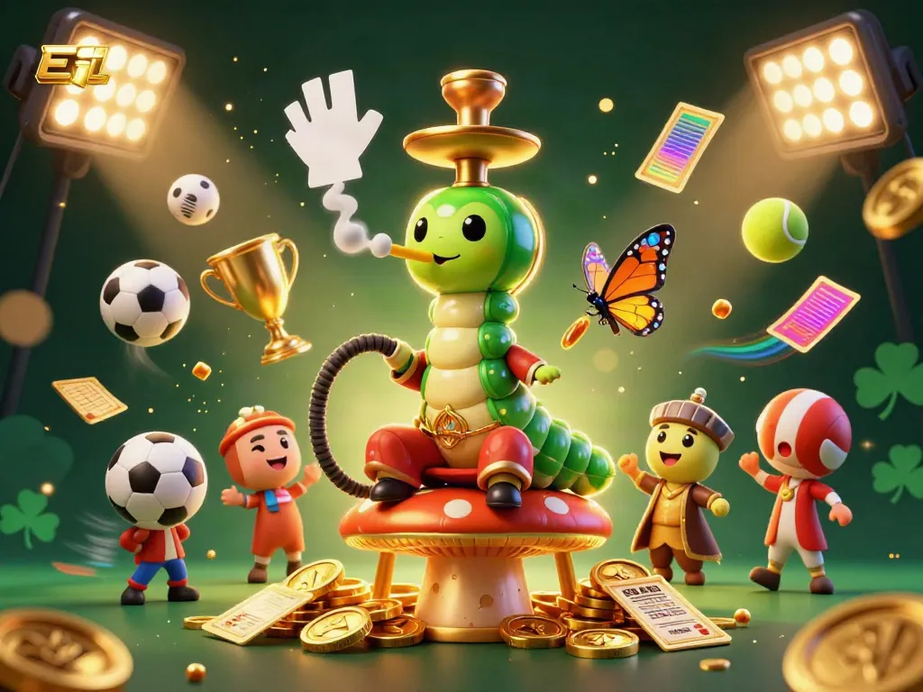 EEJL showcases a vibrant casino world with a caterpillar hookah-master amidst flying sports elements and golden coins.