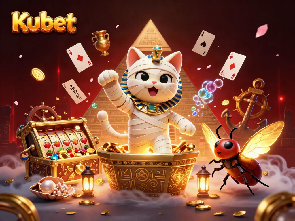 Kubet brings excitement to players with a thrilling Egyptian-themed casino scene featuring a mummy cat and treasures.