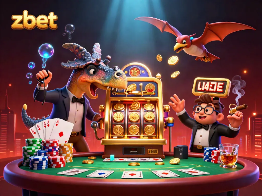 Zbet offers exciting jackpot wins as the pachycephalosaurus interacts with the slot machine amidst vibrant casino elements.