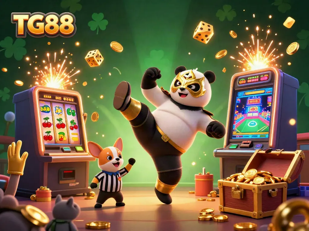 Experience the excitement of TG88 with a vibrant 3D illustration featuring a flying wrestler panda and a jackpot bursting from a slot machine.