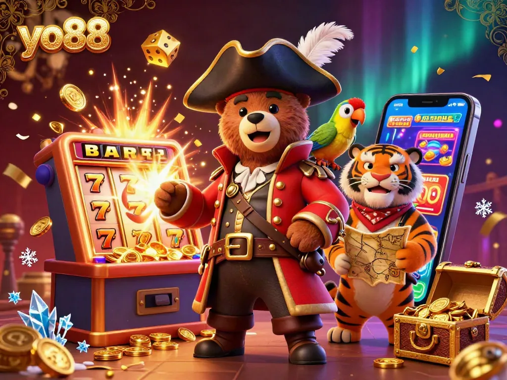 Spin the reels in the yo88 casino, featuring lively characters and vibrant jackpot excitement.
