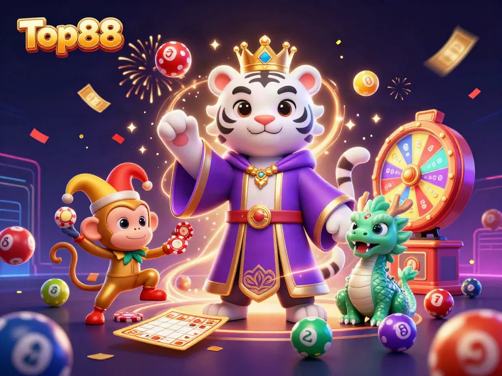 Engage with Top88's thrilling atmosphere, showcasing a vibrant casino scene with energetic characters.