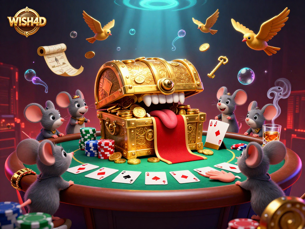 Experience the excitement of WISH4D with a vibrant 3D illustration of a treasure chest and poker elements.