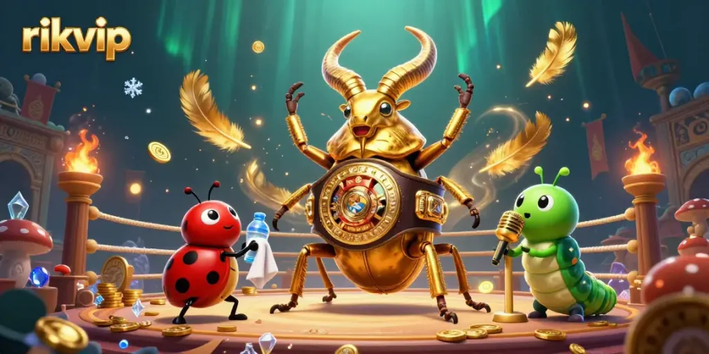 Experience the thrill of rikvip as a giant stag beetle and a ladybug corner-man engage in a vibrant casino arena.