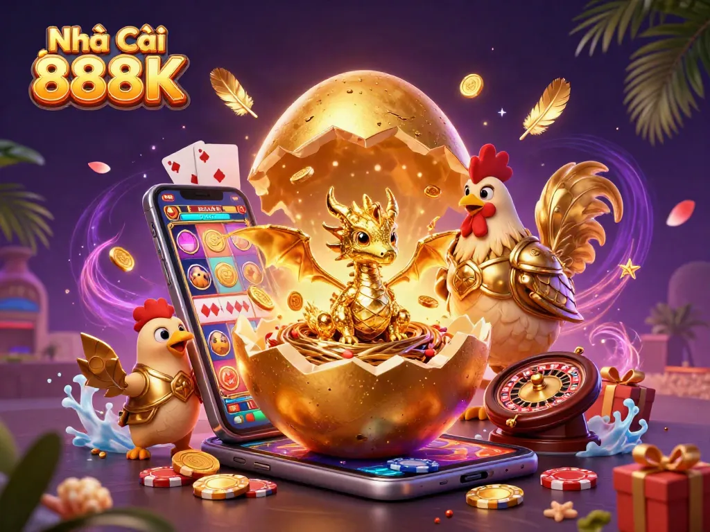 Experience thrilling gameplay at Nhà Cái 888K with dynamic golden characters and gambling elements around them.