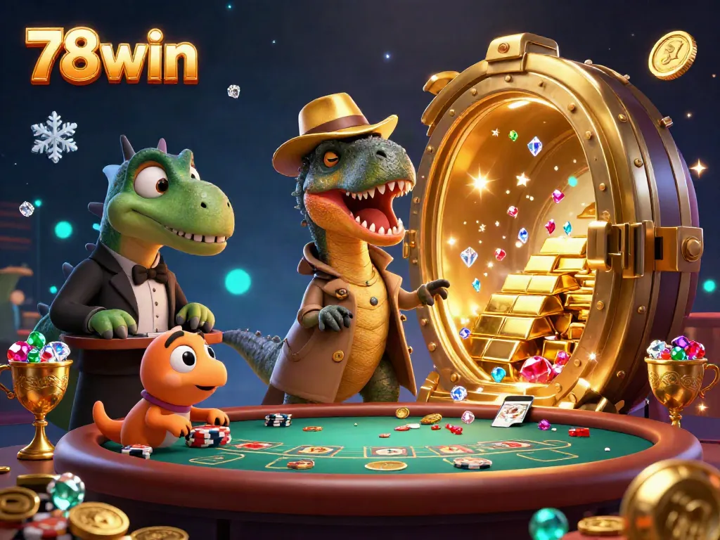 Experience the excitement of 78win with a thrilling 3D casino scene featuring a velociraptor card counter.