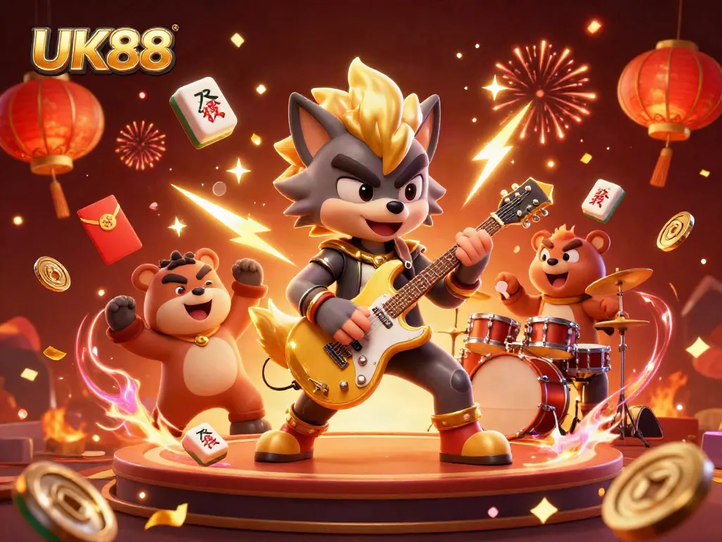 Engage in thrilling gaming action with UK88, featuring a rock star wolf on stage surrounded by vibrant casino elements.