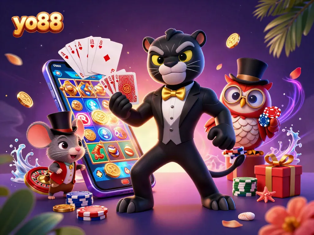 Play exciting games at yo88 with an ultra-detailed scene featuring a tuxedo-clad panther, top-hatted owl, and more.