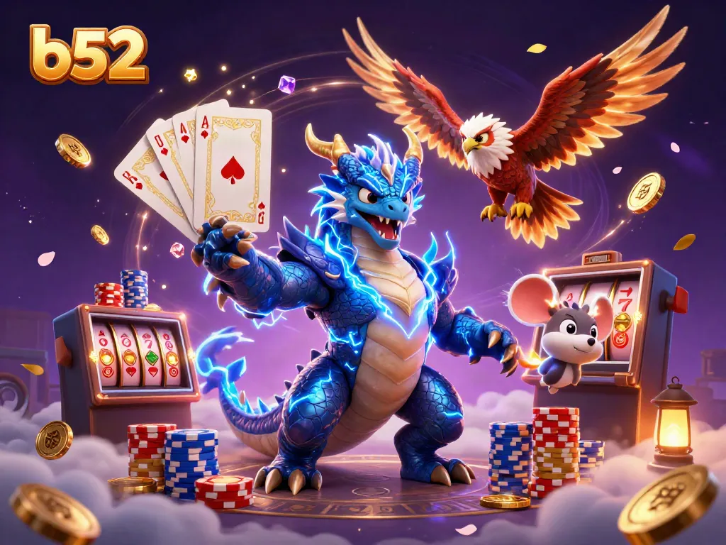 B52-themed vibrant casino illustration with a thunder dragon, glowing hawk, and thunder mouse, depicting an exciting gambling scene.