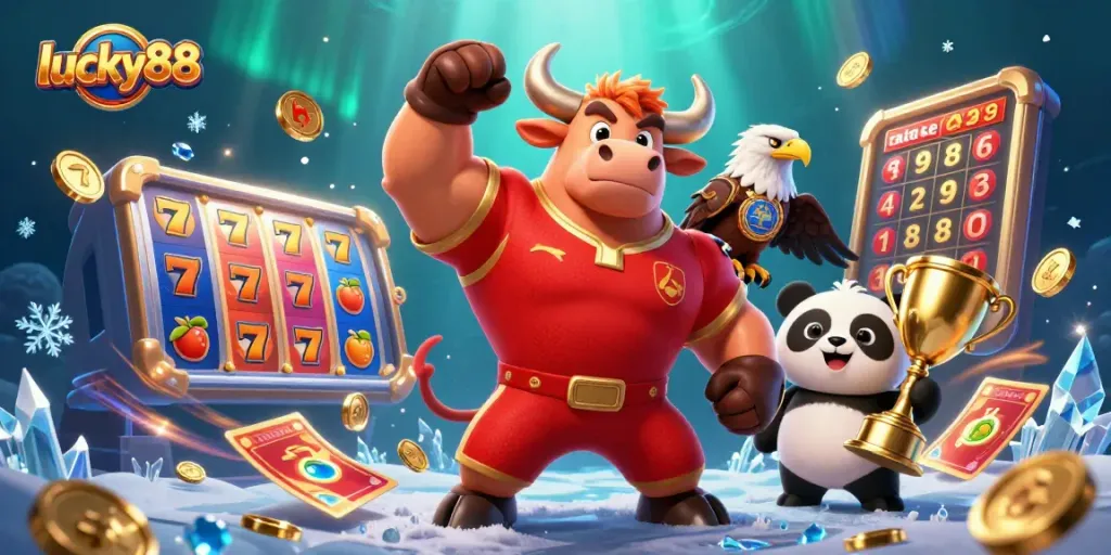 Experience lucky88 slot action with a celebratory bull, eagle, and panda amidst vibrant game elements.