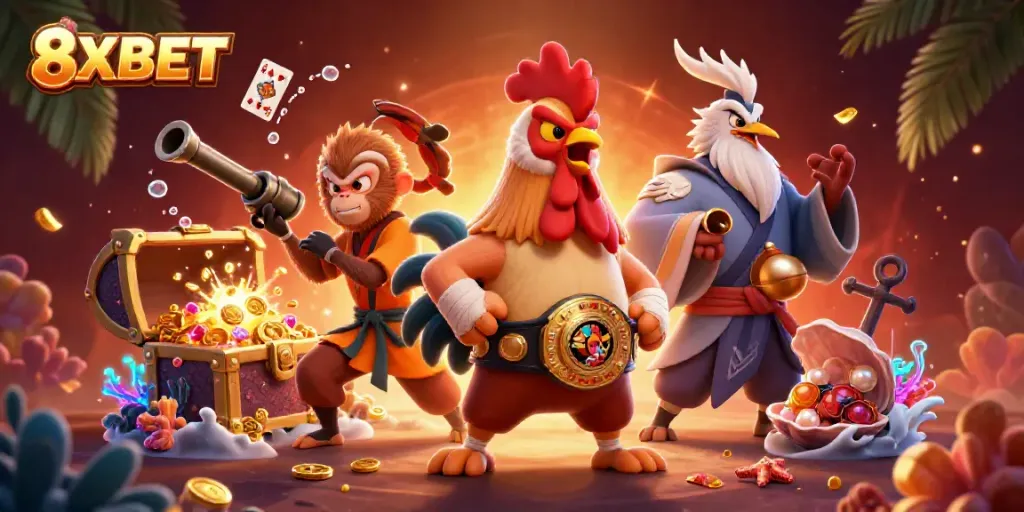 Engage with exciting games at 8XBET featuring dynamic illustrations of vibrant casino elements.