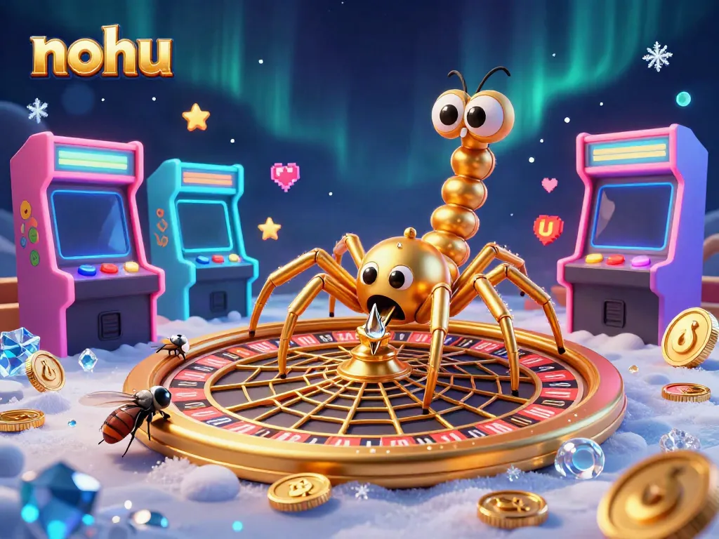 Engaging nohu spider spins a roulette web as a fly bets nervously amidst colorful gaming machines.