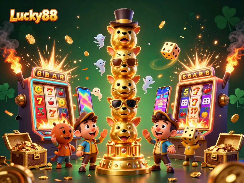 Experience excitement at Lucky88 with a jackpot explosion of coins, vibrant slot machines, and dynamic gaming elements.