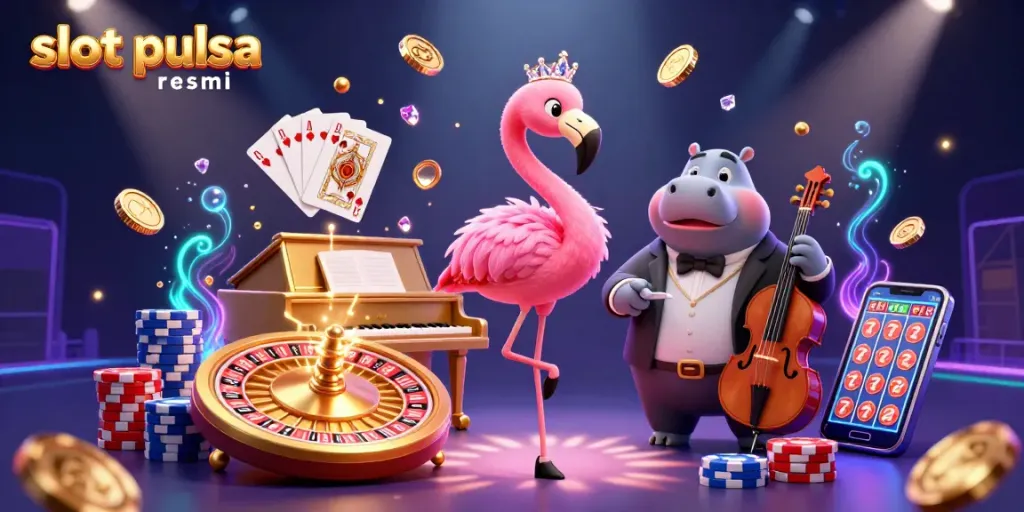 Experience the thrill of winning at slot pulsa resmi with vibrant casino elements in a colorful 3D scene.