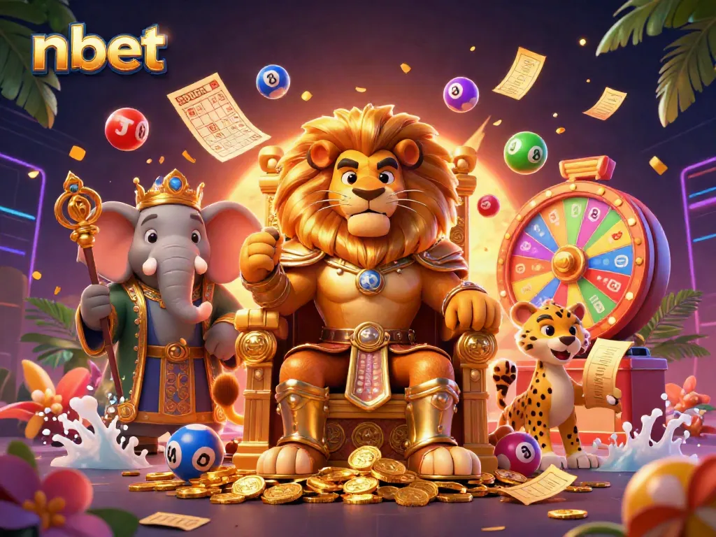 Experience thrilling games at nbet with a royal lion king overseeing vibrant lottery balls and prizes.