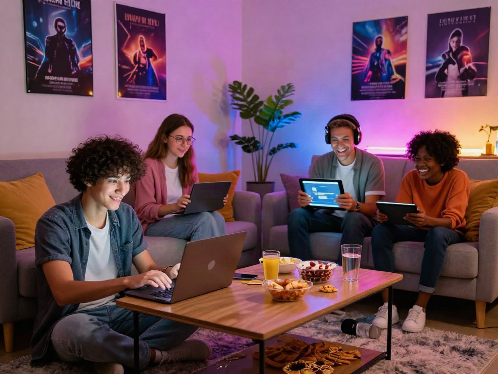 Engaging nsfw chat scene in a casual home setting with diverse individuals interacting online