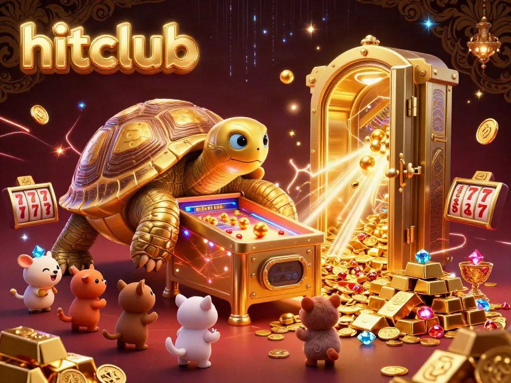 Experience the hitclub excitement at this vibrant 3D casino scene with golden tortoise, vault riches, and engaging slot elements.