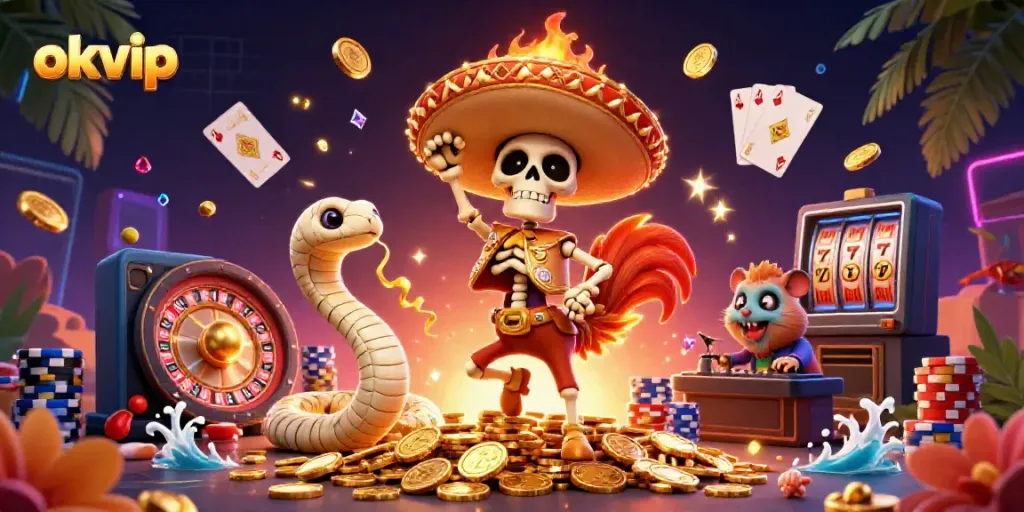 Immerse in okvip's dynamic casino action featuring vibrant characters and dazzling gambling elements.