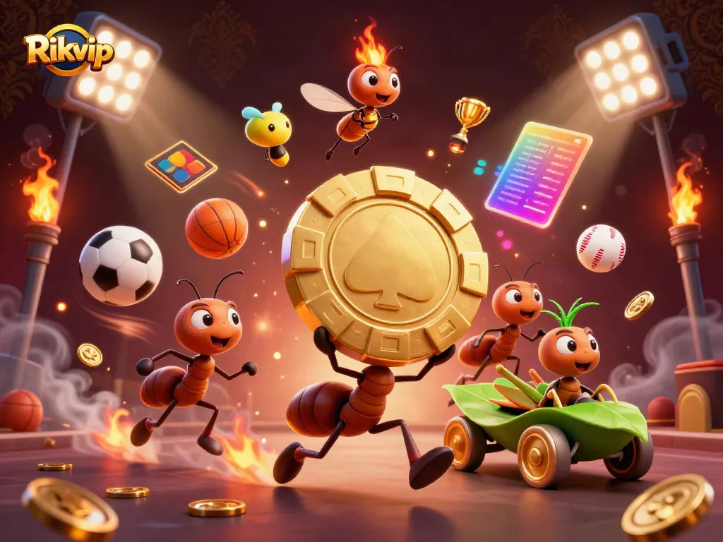 Experience the thrilling heist of Rikvip with miniature ants navigating through a vibrant casino scene.