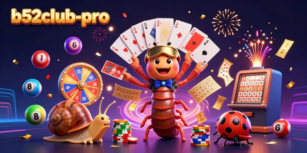 Engage with b52club-pro, featuring a colorful 3D casino illustration with exciting gaming characters.
