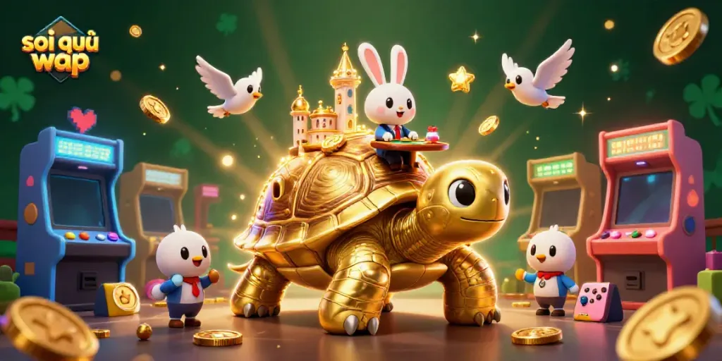 Soi cầu wap analysis with a golden tortoise casino and a rabbit dealer amid flying gold coins.