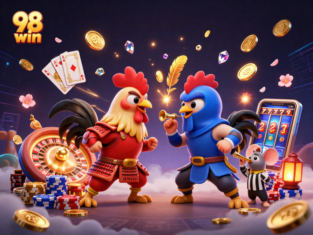 Experience the thrill of 98 win with dynamic roosters and casino elements in action.