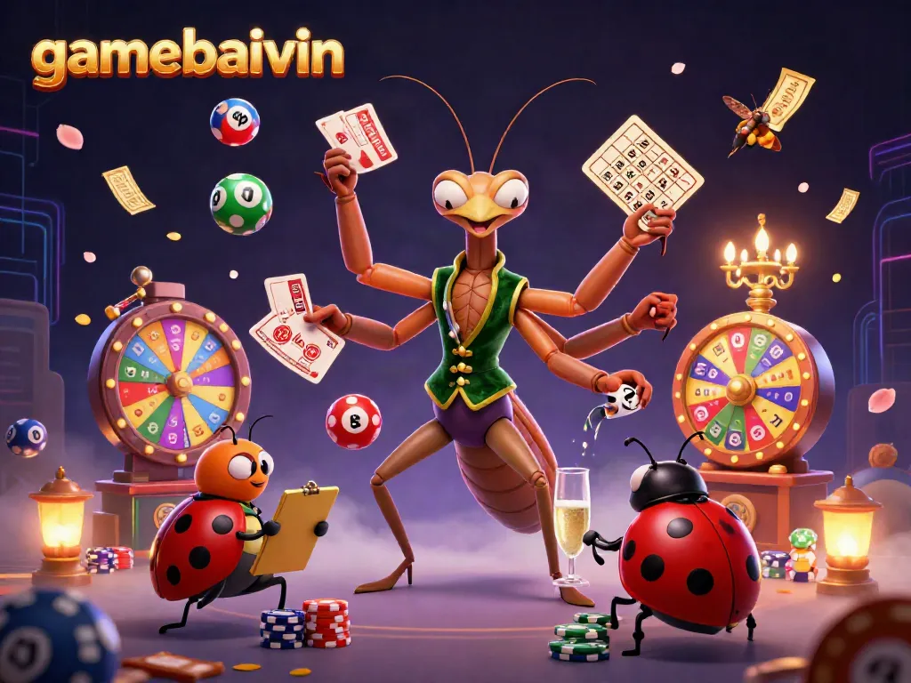 Engage in exciting gameplay at gamebaivin with a vibrant casino scene featuring colorful lottery elements.