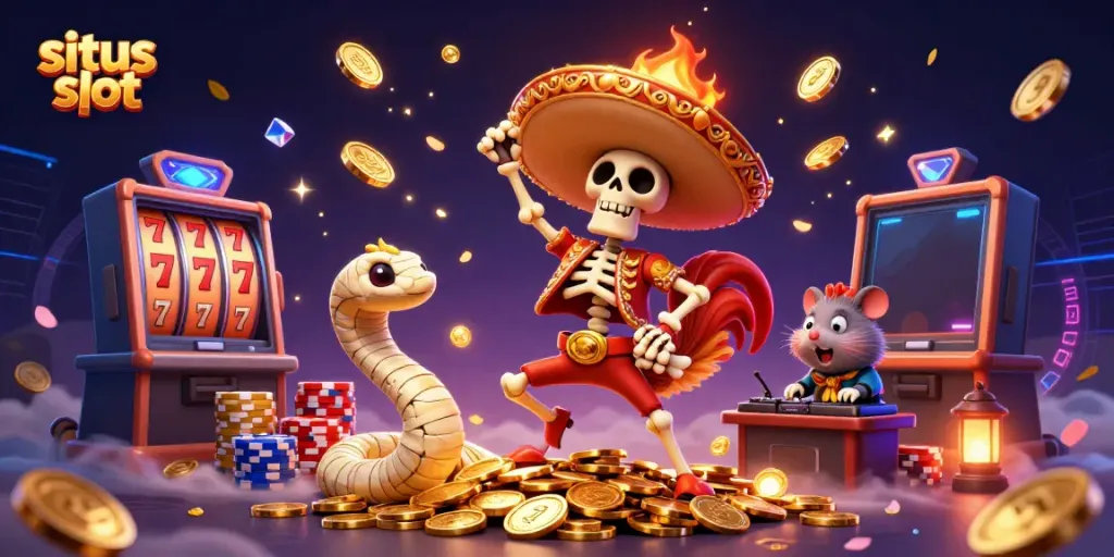 Witness the thrilling ambience of situs slot with a dancing skeleton mariachi rooster amid glittering coins and vibrant slot reels.
