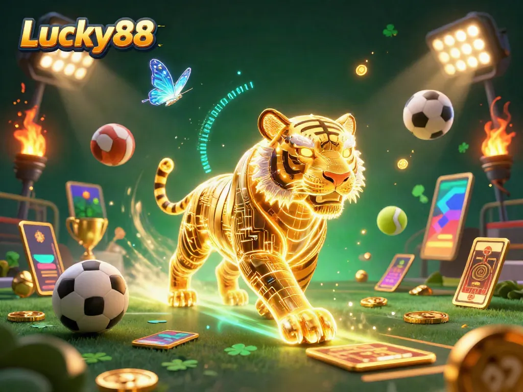 Experience Lucky88's vibrant casino adventure featuring a neon golden tiger and dynamic sports elements.