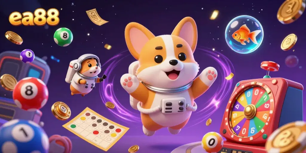Engage with the extraordinary ea88 experience in a cosmic casino scene, featuring floating characters and dynamic gaming elements.