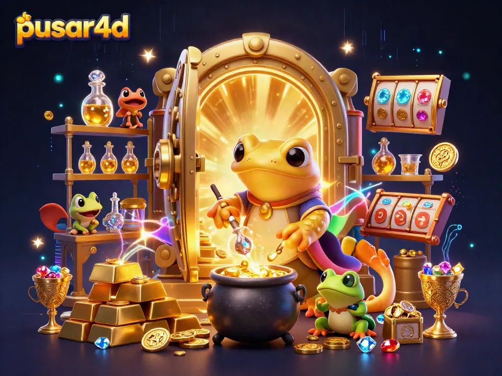 Pusar4d showcases a vibrant 3D scene of a golden salamander alchemist transforming metals into gold, featuring slot game elements.
