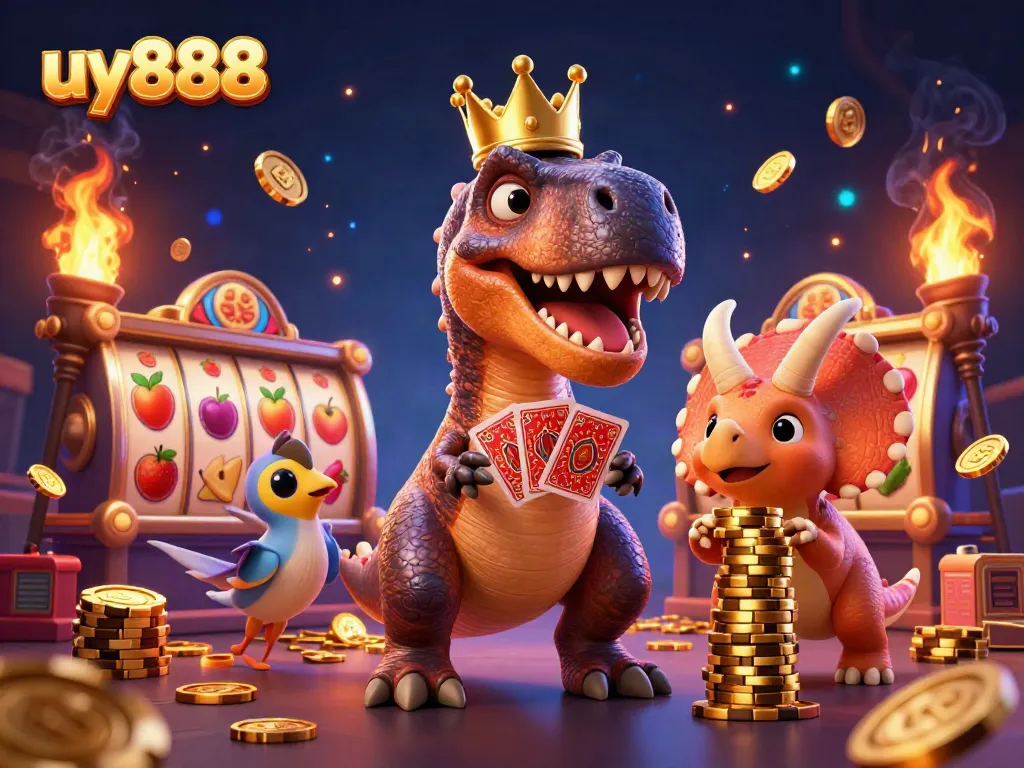 Experience exciting gaming fun at uy888 with a friendly T-Rex and poker elements in a vibrant 3D casino