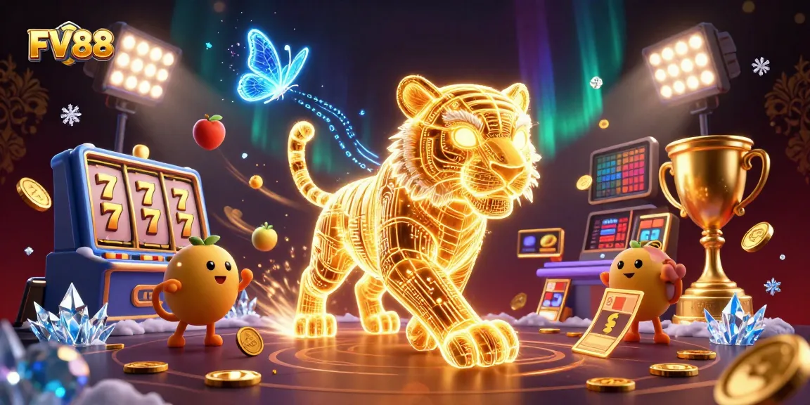 Experience the thrill of FV88 in a vibrant digital casino with a golden tiger and dynamic game elements.