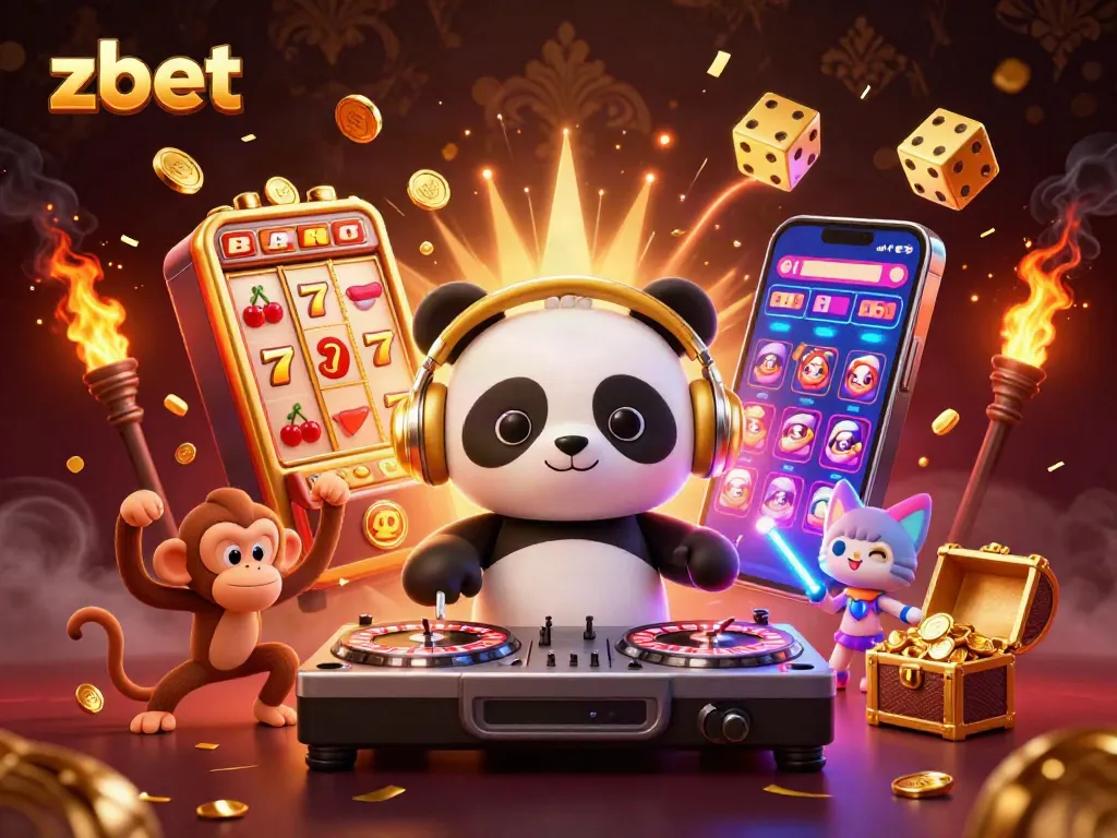 Experience zbet's thrilling casino world with a DJ panda and vibrant gaming elements.