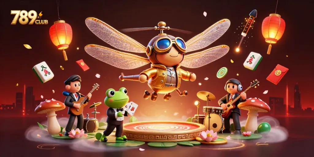 Experience the vibrant atmosphere of 789CLUB with a dragonfly pilot and frog dealer in action.