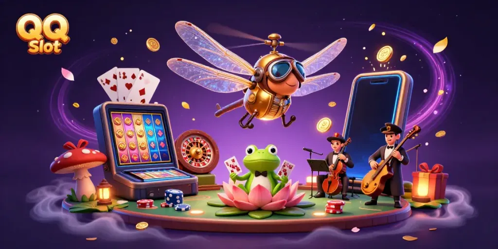 Engage with QQ Slot through vibrant gaming elements in an ultra-detailed illustration, showcasing fun casino activities.