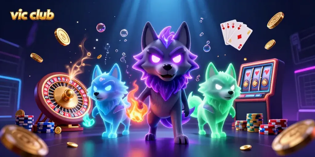 Engage with vic club in this vibrant 3D casino scene featuring ghostly wolves and dynamic gambling elements.