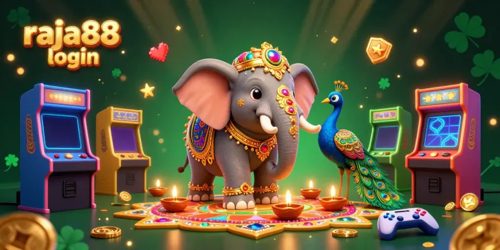 Engage in thrilling games with raja88 login while surrounded by colorful 3D characters and casino-themed elements.