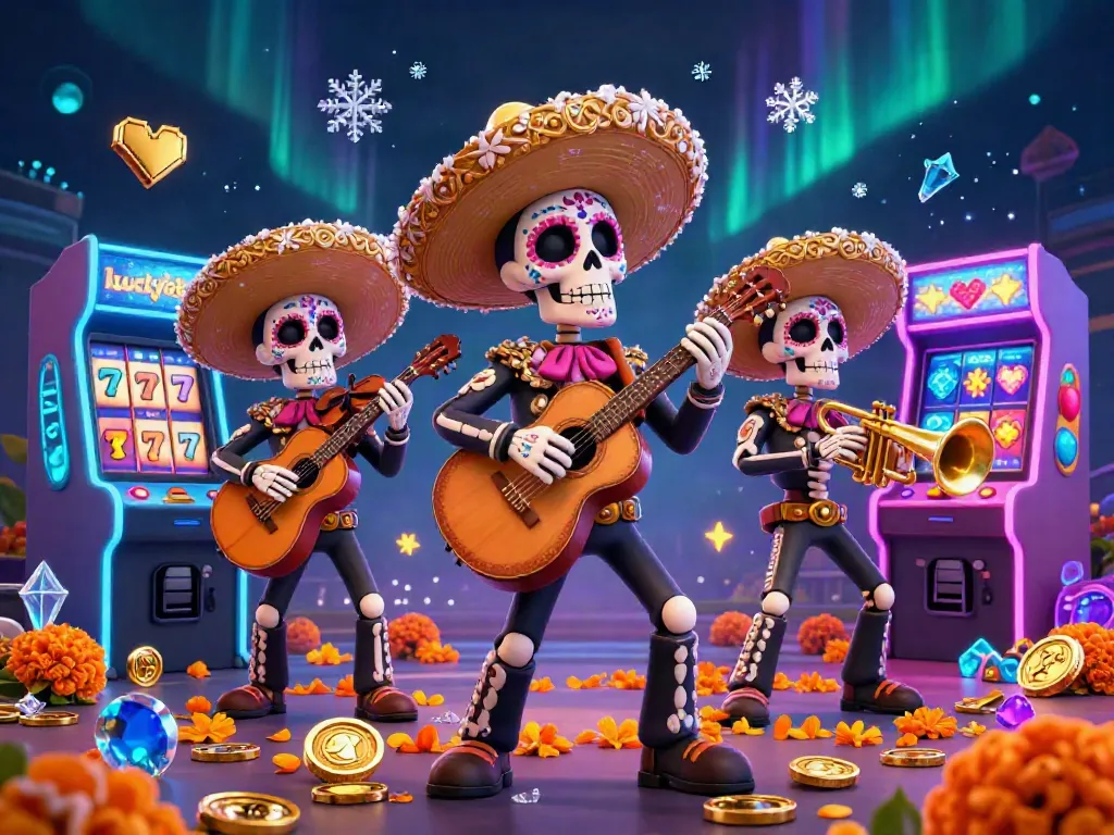 Engage with the dynamic lucky88 mariachi band and vibrant casino elements in this lively 3D illustration.