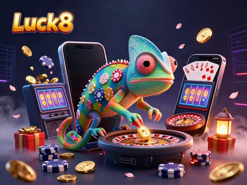 Experience the vibrant world of Luck8 with thrilling games, golden coins, and a colorful casino atmosphere.