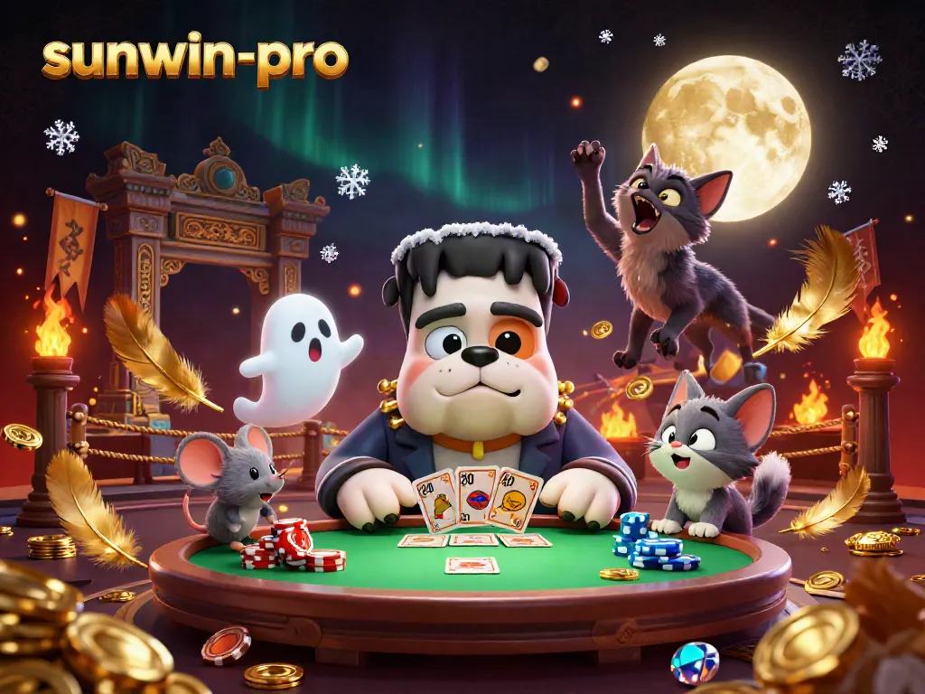 Engage in thrilling cards with the sunwin-pro casino character ensemble, as they deal cards at a paranormal table.