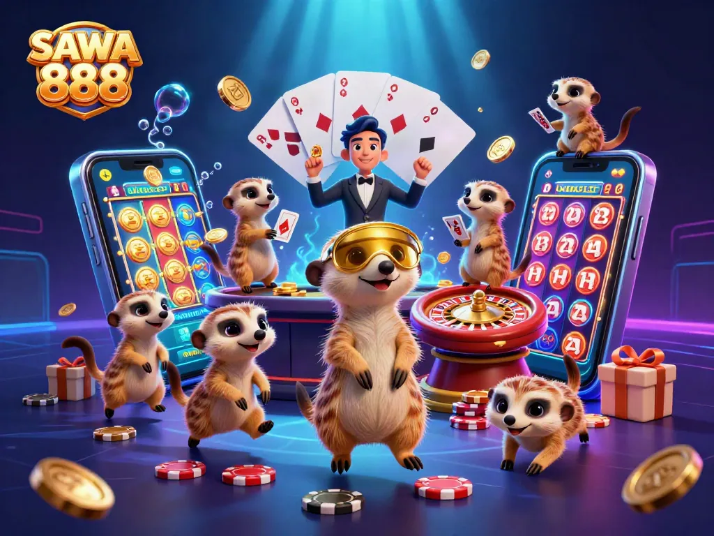 Experience thrilling casino action with SAWA 888's vibrant meerkats running an elaborate operation.