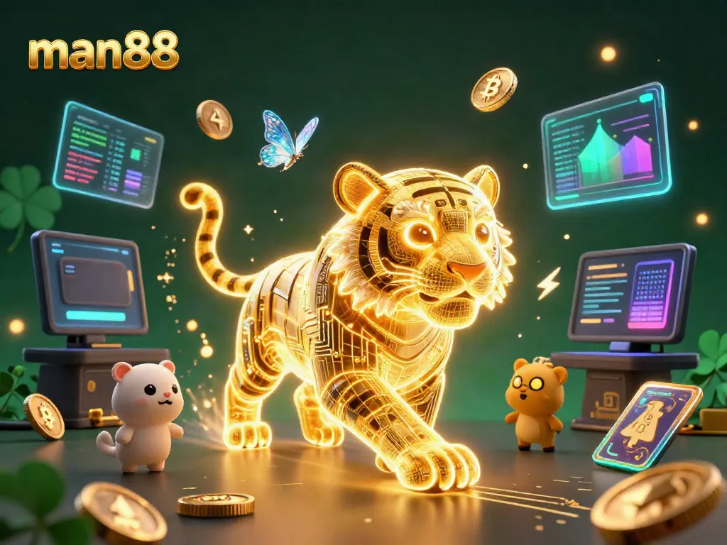 Experience man88's vibrant digital casino realm featuring a glowing tiger and cryptocurrencies.