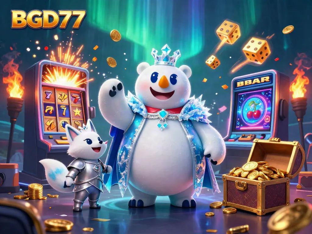 Engage with the exciting BGD77 casino experience featuring a polar bear and fox surrounded by slot machines and casino elements.