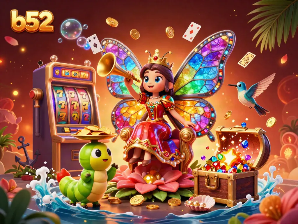 Play slots at b52 with a colorful butterfly queen surrounded by vibrant casino elements.