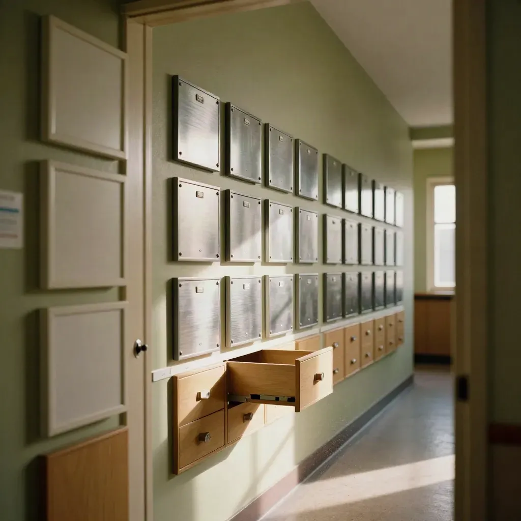 Korytarz szkolny z wall directory nauczycieli, pustymi ramkami i szufladami kontaktów.