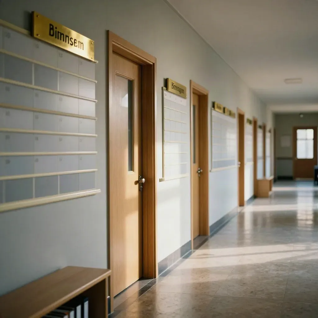 Długi szkolny korytarz z planem lekcji, kolorowymi blokami i mosiężnymi oznaczeniami drzwi.