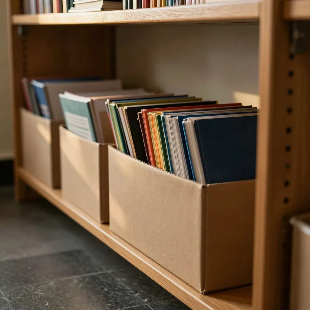 Półka z materiałami dla ósmych klas: pudełka, pakiety i zamknięte zeszyty w ciepłym świetle.